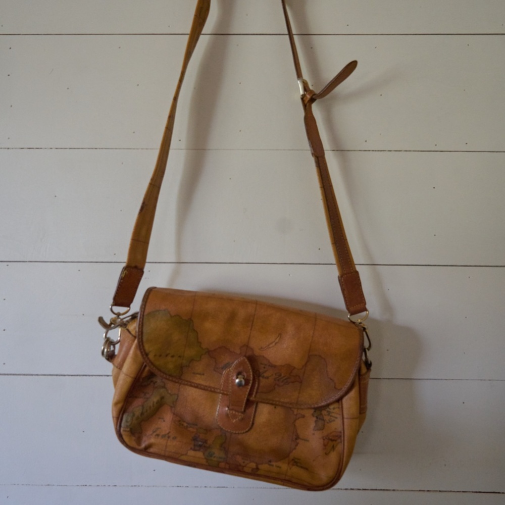 Alviero Martini  Classe Vintage Map Print Leather Shoulder Bag Y2K Italy